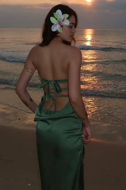 Aimishang Pretty Strapless Sleeveless Green Satin Formal Prom Dress Simple Party Graduation Dress With Slit