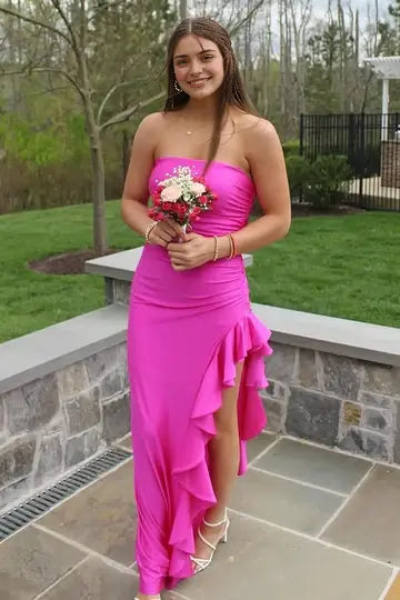 Aimishang Sweet Strapless Sleeveless Ruffle Formal Prom Dress Lovely Party Graduation Dress