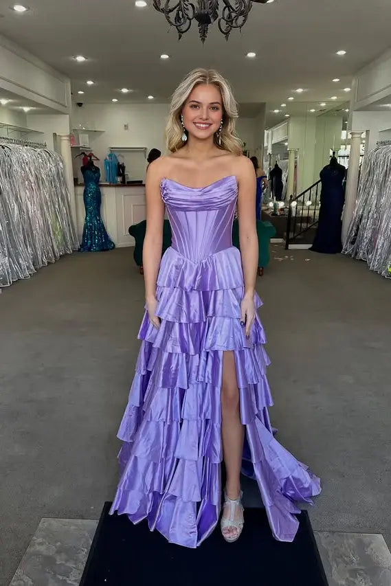 Aimishang Pretty A-Line Tiered Strapless Sleeveless Wedding Guest Party Dress Elegant Long Formal Prom Dress With Slit