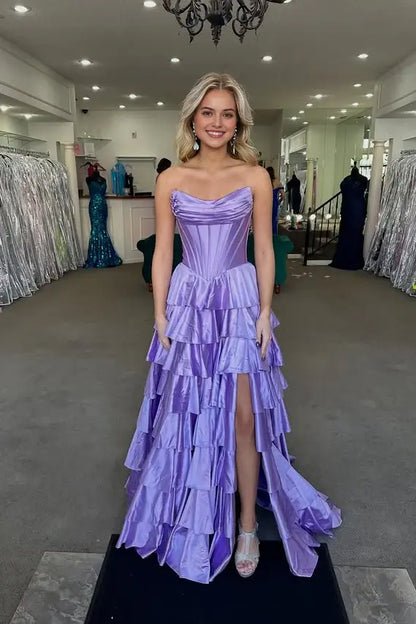 Aimishang Pretty A-Line Tiered Strapless Sleeveless Wedding Guest Party Dress Elegant Long Formal Prom Dress With Slit