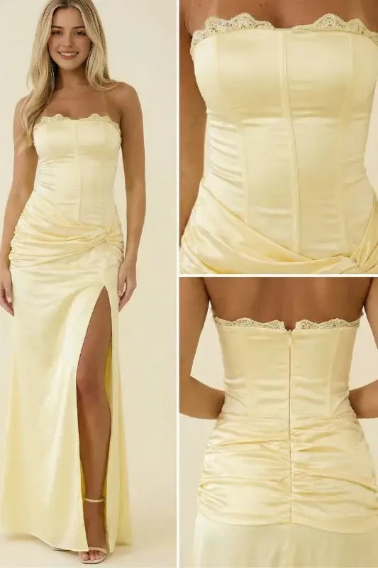 Aimishang Lovely Yellow Satin Strapless Pleated Sleeveless Wedding Guest Party Dress Elegant Long Formal Prom Dress With Slit
