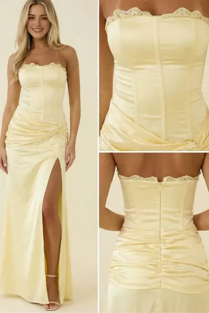Aimishang Lovely Yellow Satin Strapless Pleated Sleeveless Wedding Guest Party Dress Elegant Long Formal Prom Dress With Slit