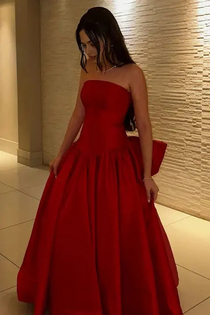 Aimishang Lovely A-Line Strapless Sleeveless Wedding Guest Party Dress Classic Long Formal Prom Dress with Bow