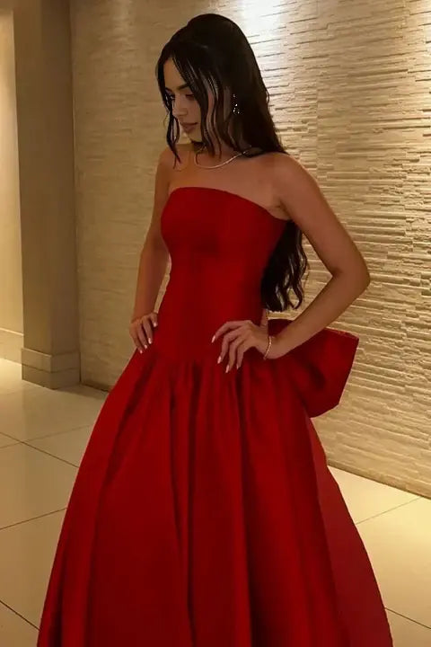 Aimishang Lovely A-Line Strapless Sleeveless Wedding Guest Party Dress Classic Long Formal Prom Dress with Bow
