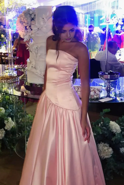 Aimishang Elegant A-Line Strapless Satin Sleeveless Wedding Guest Party Dress Classic Long Formal Prom Dress