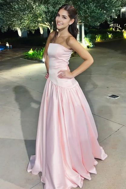 Aimishang Elegant A-Line Strapless Satin Sleeveless Wedding Guest Party Dress Classic Long Formal Prom Dress