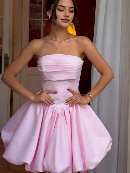Aimishang Cute A Line Satin Strapless Sleeveless Pleated Short Party Prom Dress Sweet Homecoming Dress