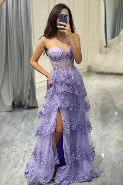 Wholesale A-Line Sweetheart Long Prom Dress Tiered Glitter With Slit