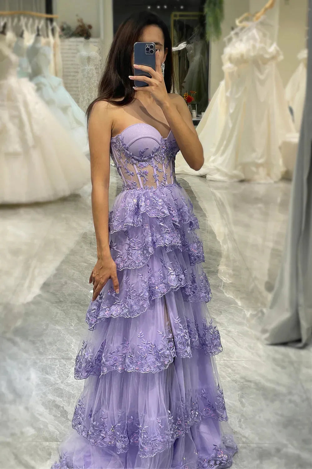 Wholesale A-Line Sweetheart Long Prom Dress Tiered Glitter With Slit