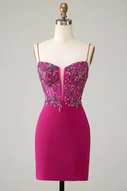 Wholesale Short Homecoming Dress Stylish Bodycon Spaghetti Straps Fuchsia with Beaded