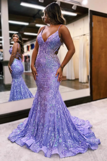 Wholesale Sparkly Mermaid Spaghetti Straps Sequins Backless Prom Dress