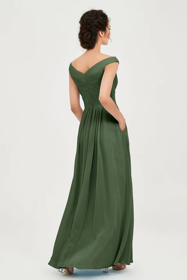 Wholesale Elegant Wedding Guest Dresses Off Shoulder Olive-Green Bridesmaid Gown with Pocket