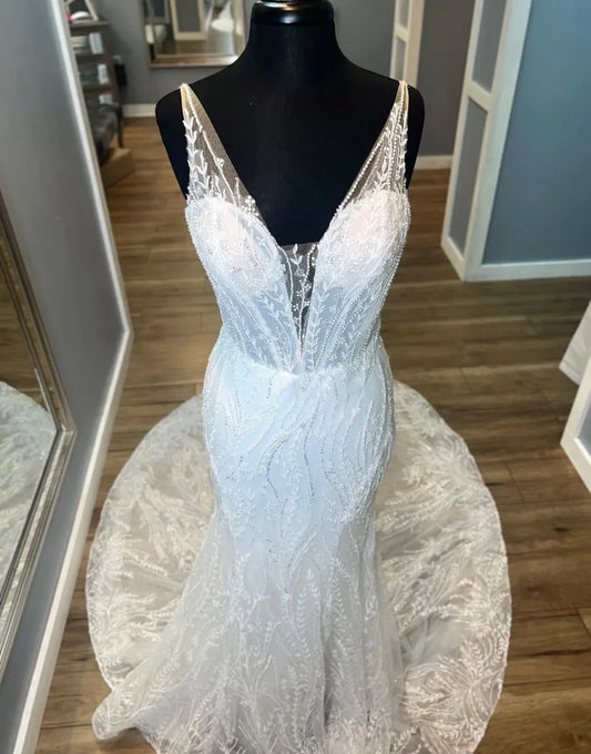 Wholesale Wedding Dress Mermaid V-Neck Court Train Open Back Lace