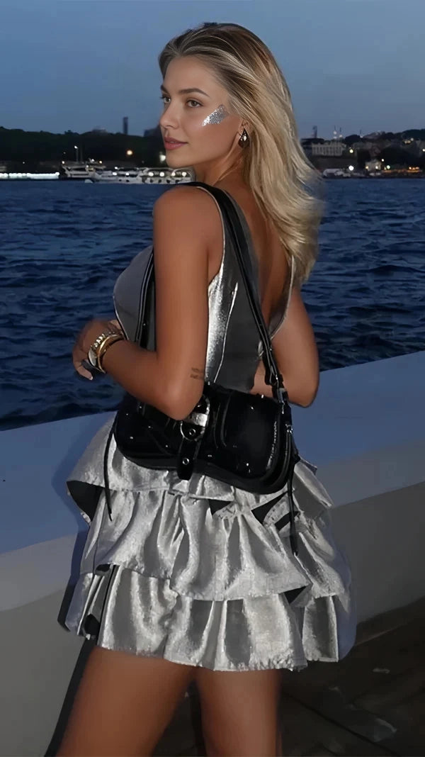 Aimishang Fashion A Line Satin Layered Sleeveless Short Formal Birthday Party Dress Modern Graduation Homecoming Dress
