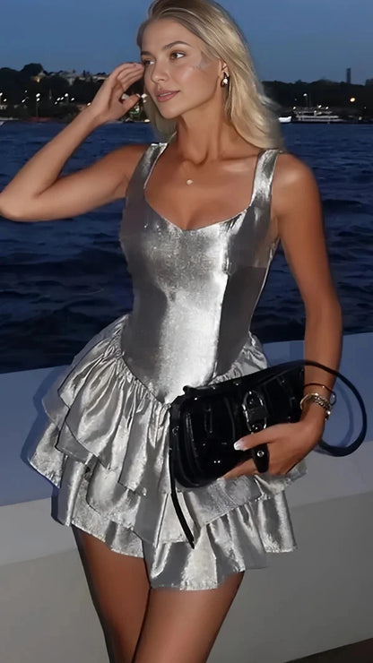 Aimishang Fashion A Line Satin Layered Sleeveless Short Formal Birthday Party Dress Modern Graduation Homecoming Dress