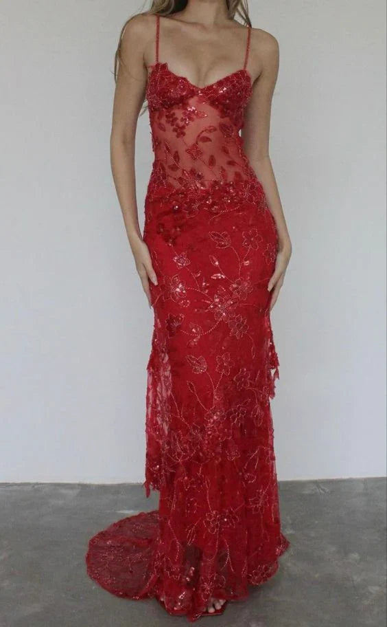 Wholesale Elegant Dresses Gowns Evening Dresses Spaghetti Straps Red Long Prom Dresses Sheath Evening Dress Prom Dresses Shops