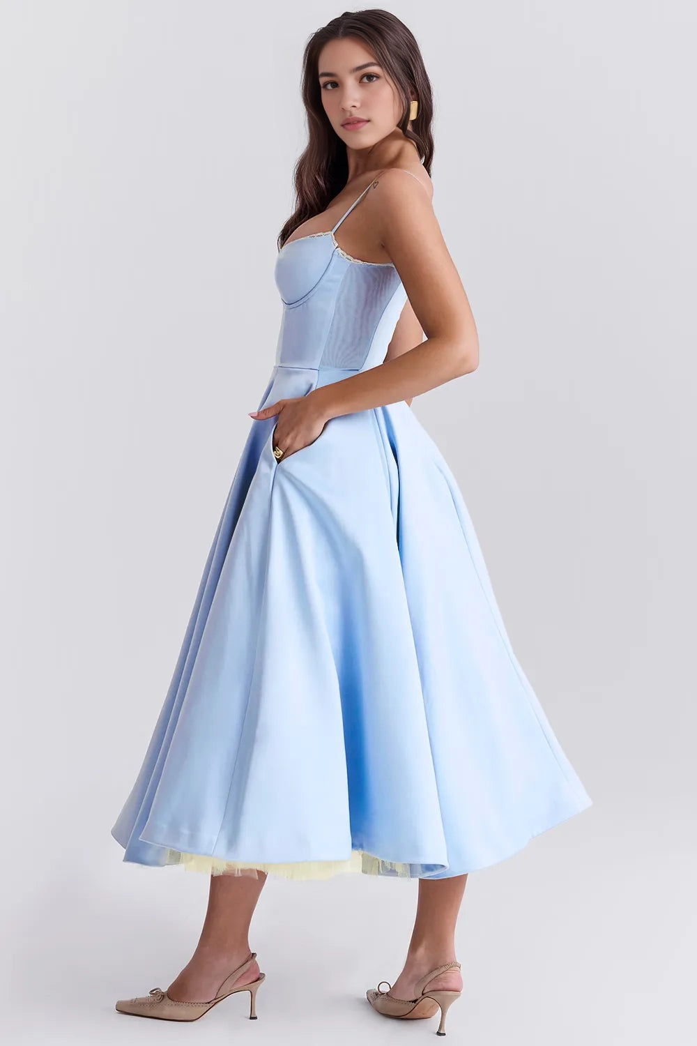 Aimishang Elegant Blue Spaghetti Straps A Line Sleeveless Formal Prom Dress Sweet Graduation Party Dress