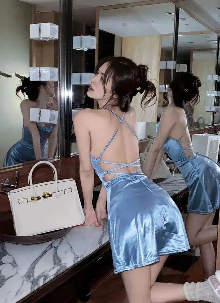 Aimishang Fashion Blue Satin Sleeveless Backless Short Summer Party Dress Simple Mini Birthday Homecoming Dress