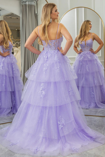 Wholesale A Line Prom Dress Appliqued Tiered Long Corset With Slit Sparkly Lilac Evening Dress