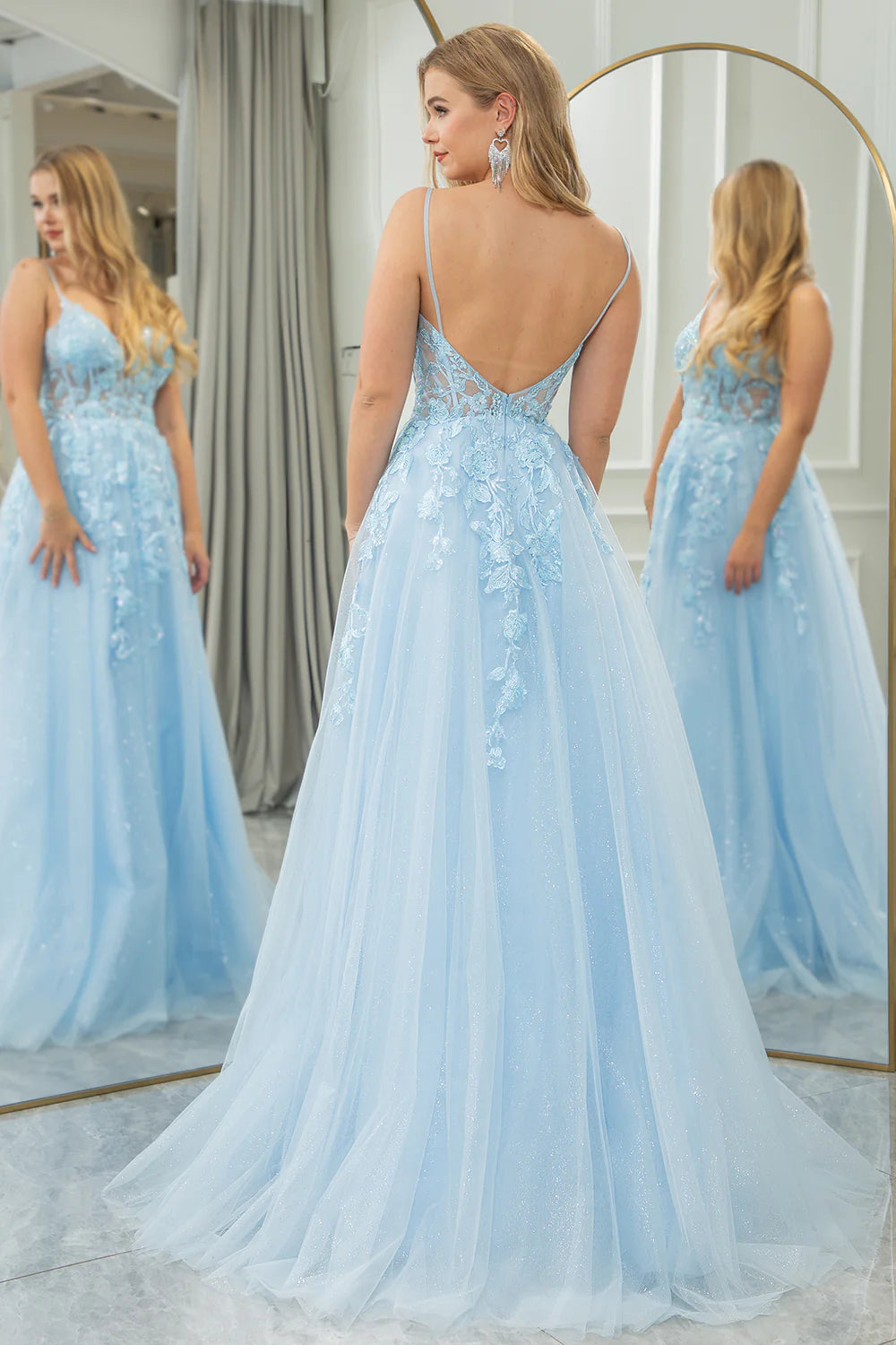 Wholesale Light Blue A Line Corset Tulle Long Prom Dress With Appliques