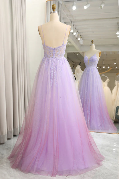 Wholesale Sparkly A Line Tulle Long Prom Dress Gradient Purple With Appliques