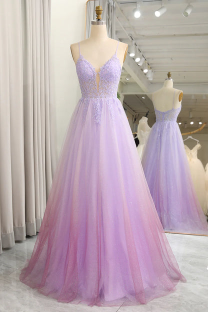 Wholesale Sparkly A Line Tulle Long Prom Dress Gradient Purple With Appliques