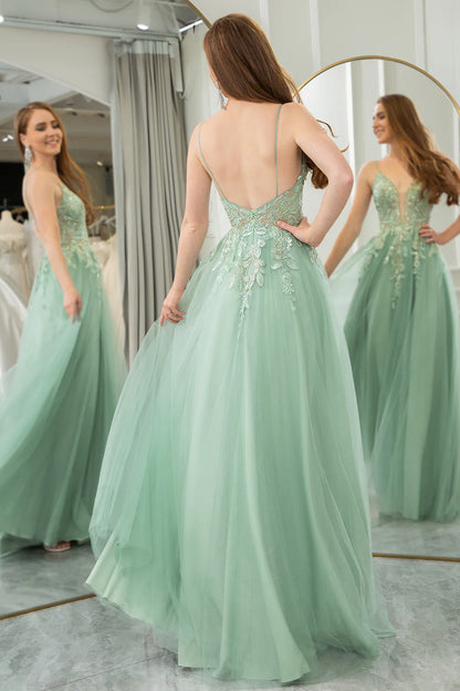 Wholesale A Line Evening Dress Tulle Long Prom Dress Green With Appliques