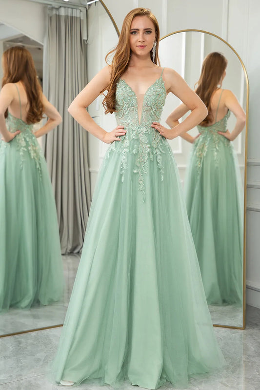 Wholesale A-Line Tulle Backless Prom Dress With Glitter Appliques