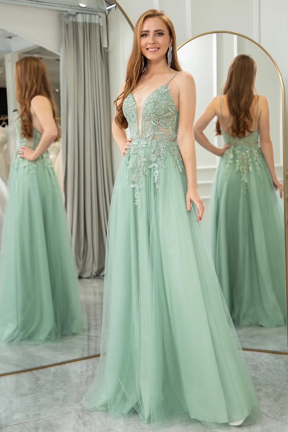 Wholesale A-Line Tulle Backless Prom Dress With Glitter Appliques