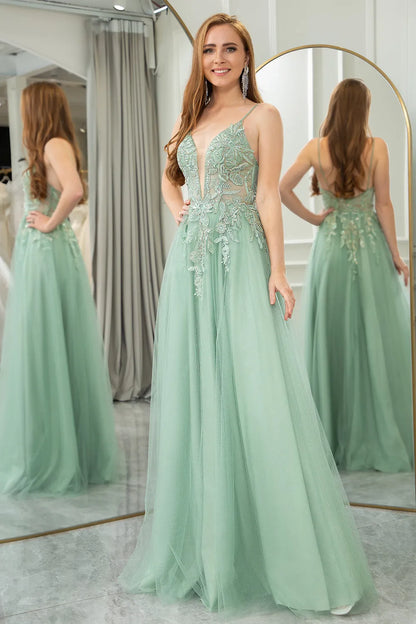 Wholesale A-Line Tulle Backless Prom Dress With Glitter Appliques