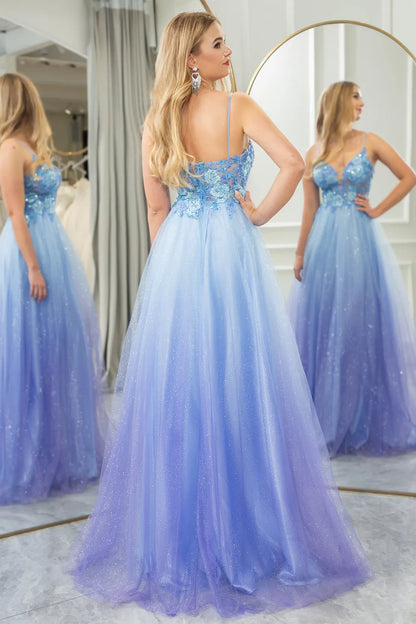 Wholesale A Line Tulle Spaghetti Straps Prom Dress With Appliques