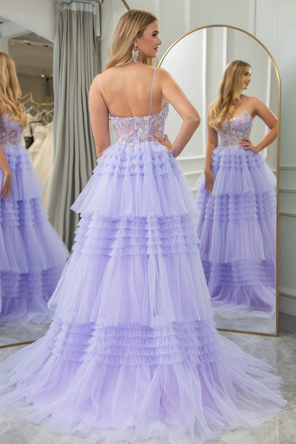 Wholesale A Line Tiered Tulle Corset Long Prom Dress With Beaded Flower Lilac Appliques