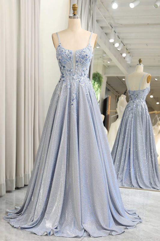 Wholesale Glitter Grey Blue A-Line Long Prom Dress Spaghetti Straps With Appliques