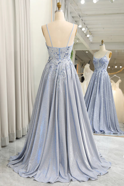 Wholesale Glitter Grey Blue A-Line Long Prom Dress Spaghetti Straps With Appliques