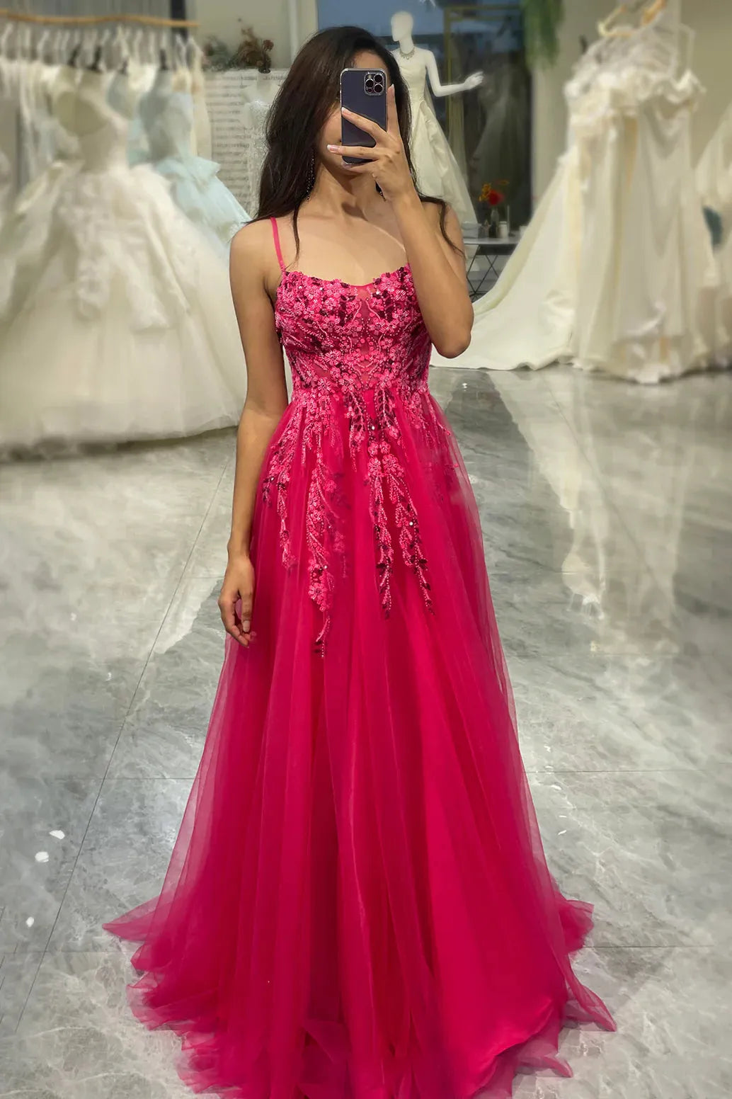 Wholesale Prom Dress A Line Spaghetti Straps Long Tulle With Appliques