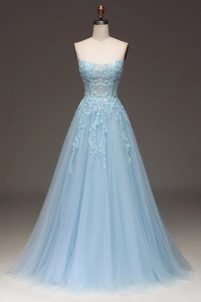 Wholesale Light Blue A Line Evening Dress Spaghetti Straps Sequin Prom Dress With Appliques