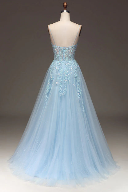 Wholesale Light Blue A Line Evening Dress Spaghetti Straps Sequin Prom Dress With Appliques