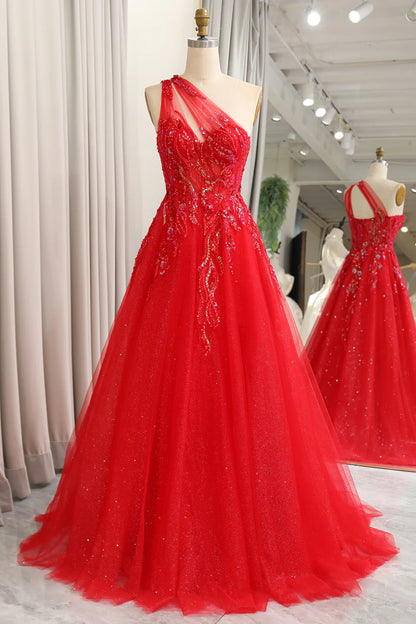 Wholesale Sparkly Red A-Line One Shoulder Long Prom Dress With Sequins