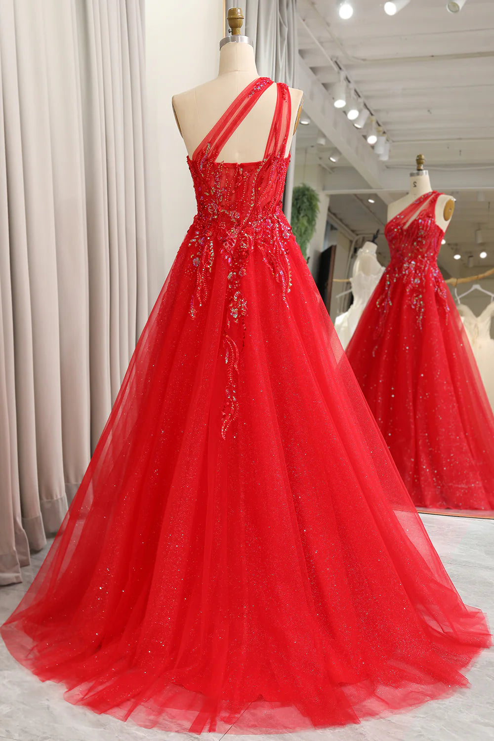 Wholesale Sparkly Red A-Line One Shoulder Long Prom Dress With Sequins