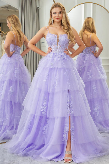 Wholesale A Line Prom Dress Tiered Tulle With Slit And Appliques