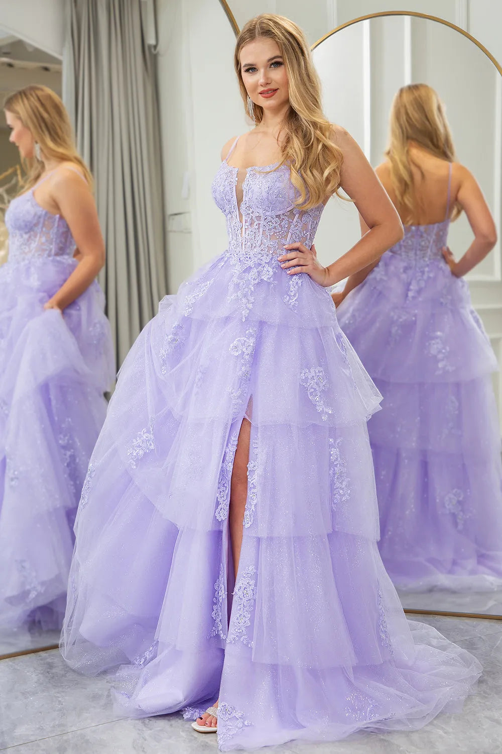 Wholesale A Line Prom Dress Tiered Tulle With Slit And Appliques