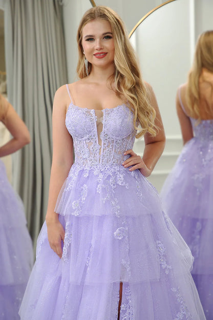 Wholesale A Line Prom Dress Tiered Tulle With Slit And Appliques