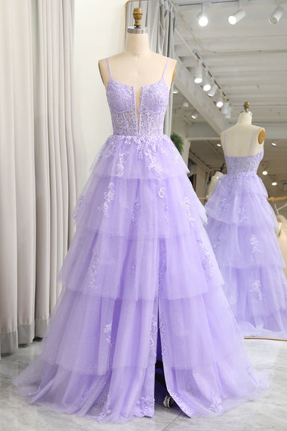 Wholesale A Line Long Corset Lilac Prom Dress Appliqued Tiered With Slit Sparkly