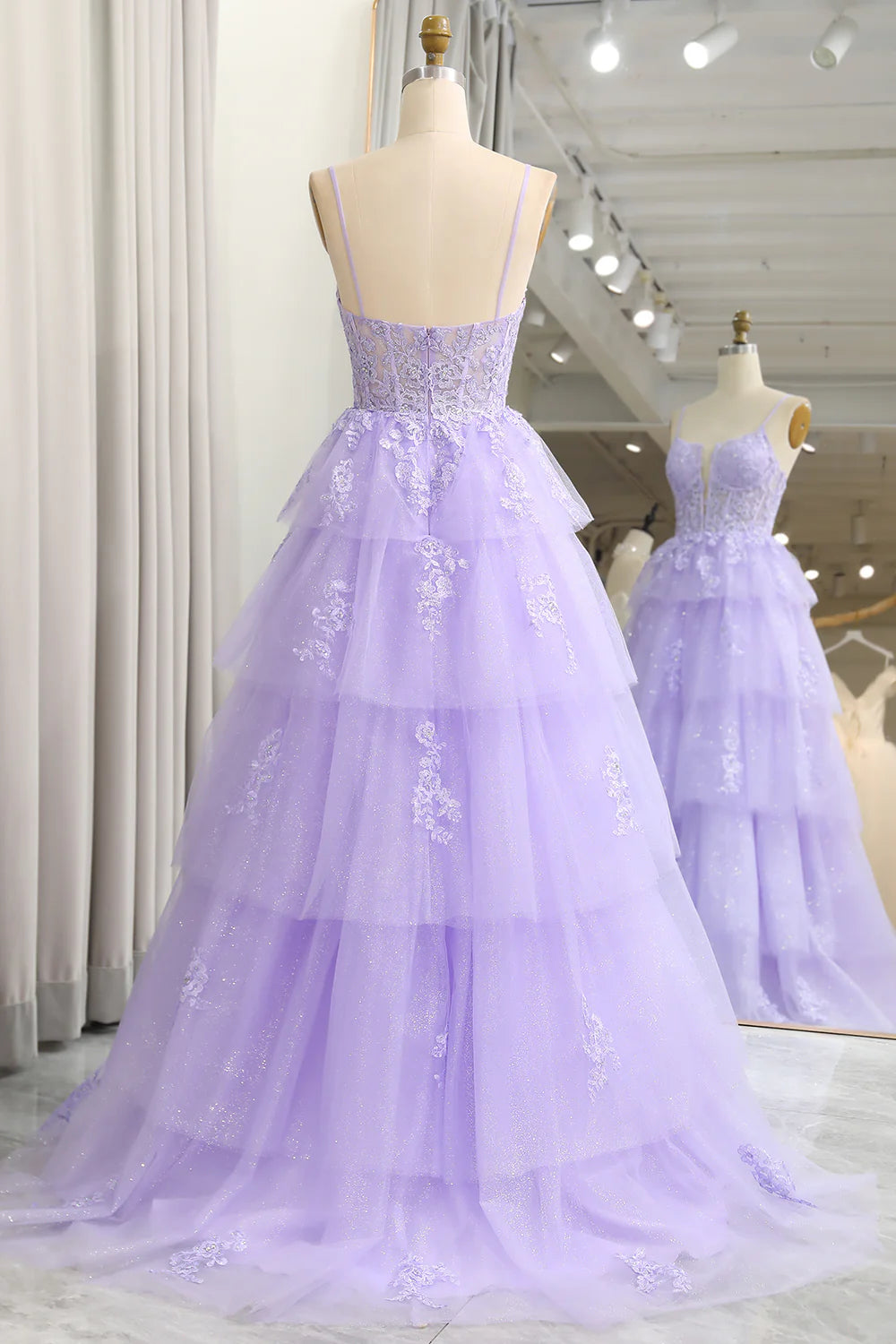 Wholesale A Line Long Corset Lilac Prom Dress Appliqued Tiered With Slit Sparkly