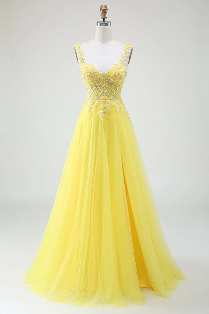 Wholesale Yellow A-Line Evening Dress Tulle Sparkly Beaded Corset Prom Dress with Slit