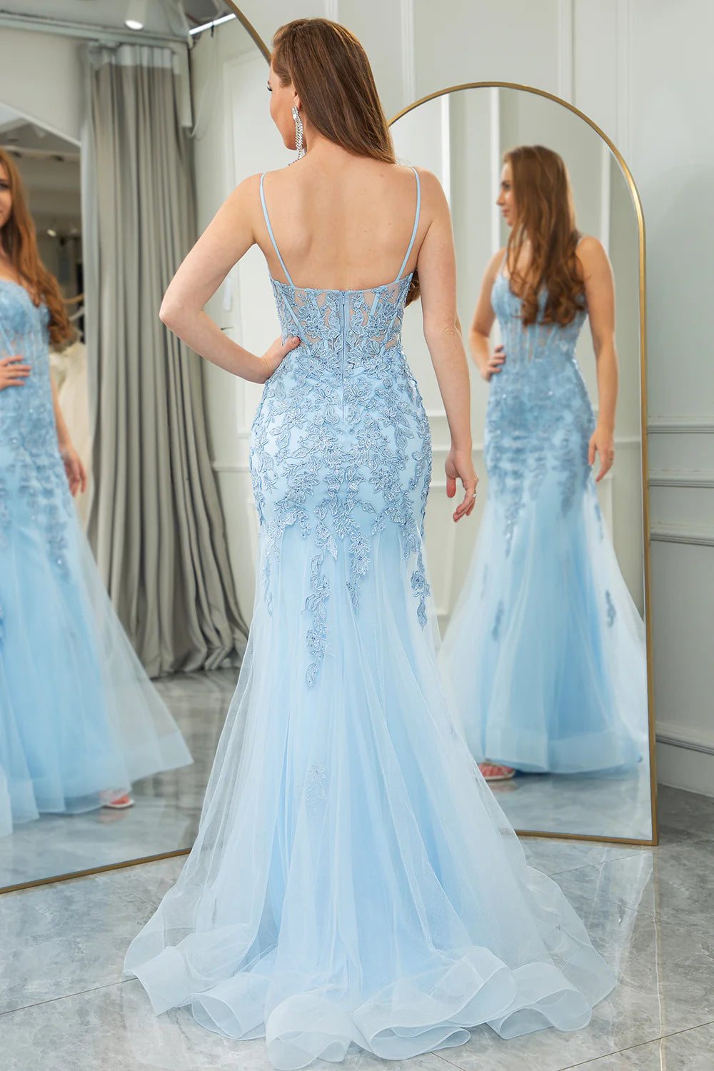 Wholesale Prom Dress Light Blue Long Corset Mermaid Evening Dress Appliqued With Slit