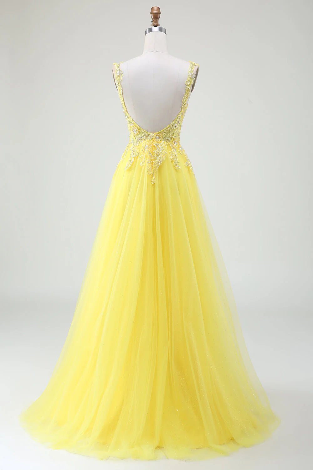 Wholesale Yellow A-Line Evening Dress Tulle Sparkly Beaded Corset Prom Dress with Slit