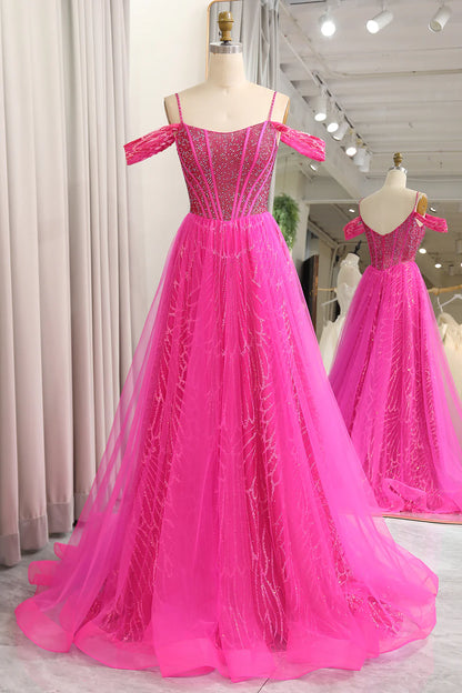 Wholesale Sparkly Fuchsia A-Line Cold Shoudler Corset Long Prom Dress with Beading