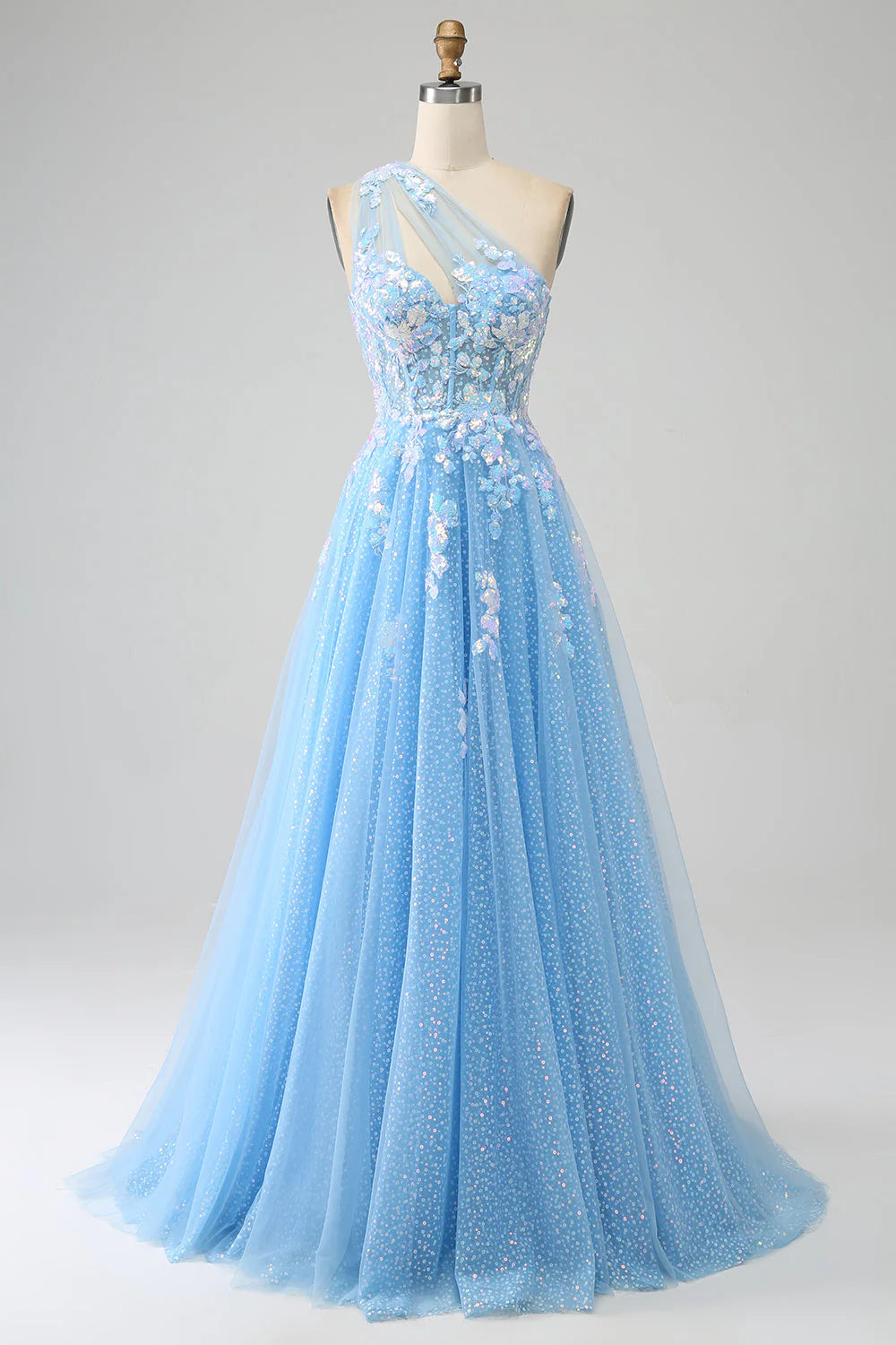 Wholesale Stunning Light Blue A Line Prom Dress One Shoulder Long Tulle Evening Dress with Appliques