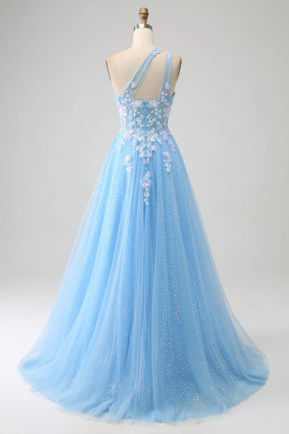 Wholesale Stunning Light Blue A Line Prom Dress One Shoulder Long Tulle Evening Dress with Appliques